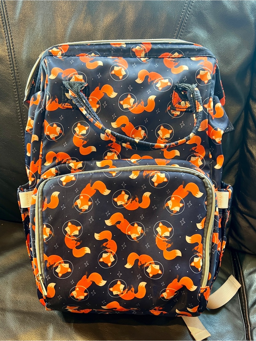 Kids Navy Backpack with Orange Fox Print/ Diaper Bag Backpack - Space Fox Print